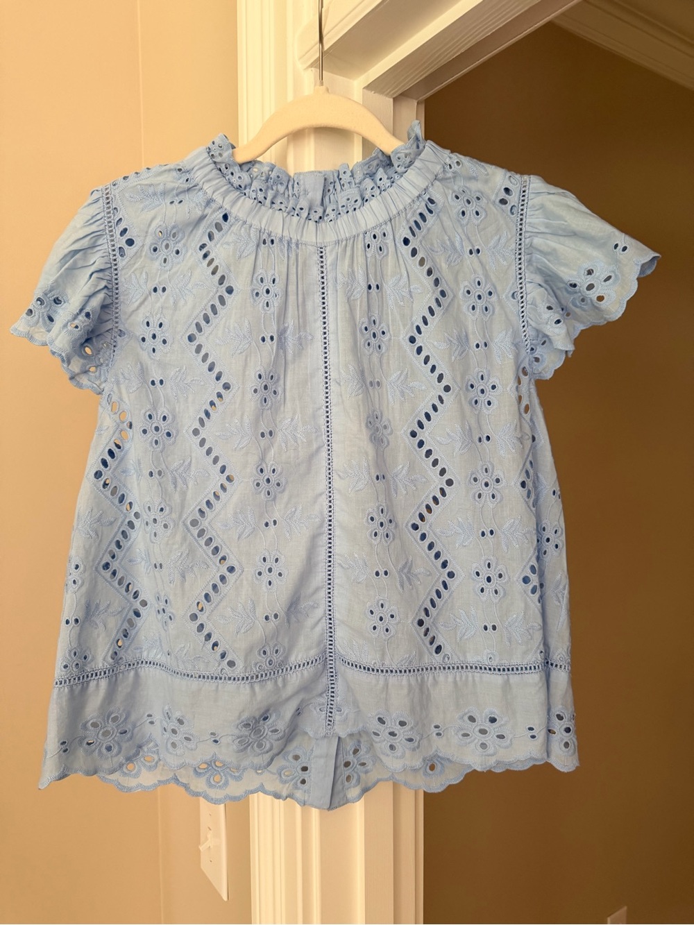 Light Blue Eyelet Ruffle Neck Blouse